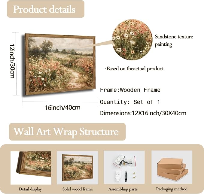 Vintage Floral Wall Art Nature Country Wildflower Wall Decor Painting Modern Botanical Flower Farmhouse Landscape Artwork 3D Textured Sandstone for Living Room Bedroom 12x16 inch Wood Framed