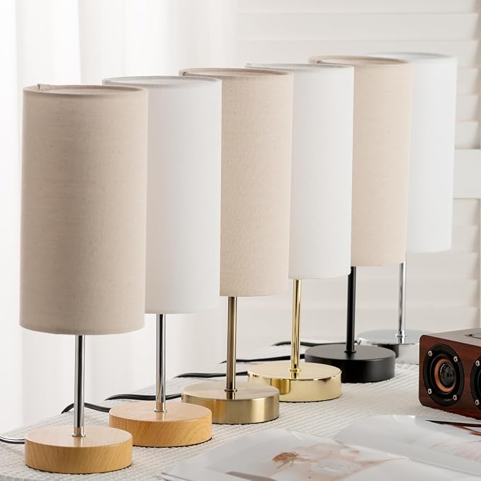 Small Table Lamp for Night Stands, Round White Fabric Shade and Wood Base, Modern Minimalist Bedside Lamps for Bedroom Dresser, Living Room, Dffice Desk, College Rorm, Warm Light, 5W LED Bulb Included