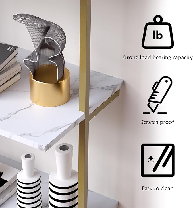 aboxoo Ladder Shelf 6-Tier Bookshelf,White Faux Marble Shelves Wall Mounted Bookshelf Open Storage Rack Display Shelf Plant Stand for Living Room Kitchen Home Office Bedroom