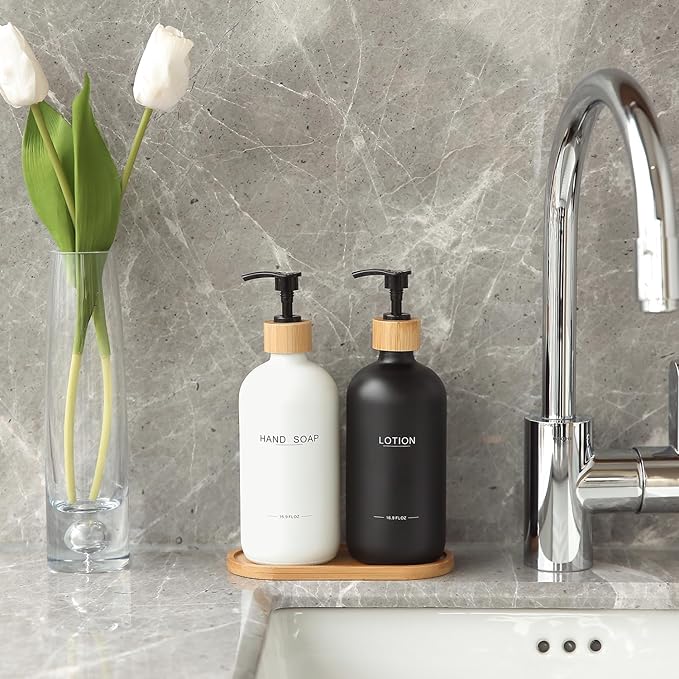 Black Soap Dispenser Bathroom Set, Bamboo Pumps & Tray, Hand Soap, and Lotion Dispenser Set Suitable for Bathroom Counter Decor. (Black)