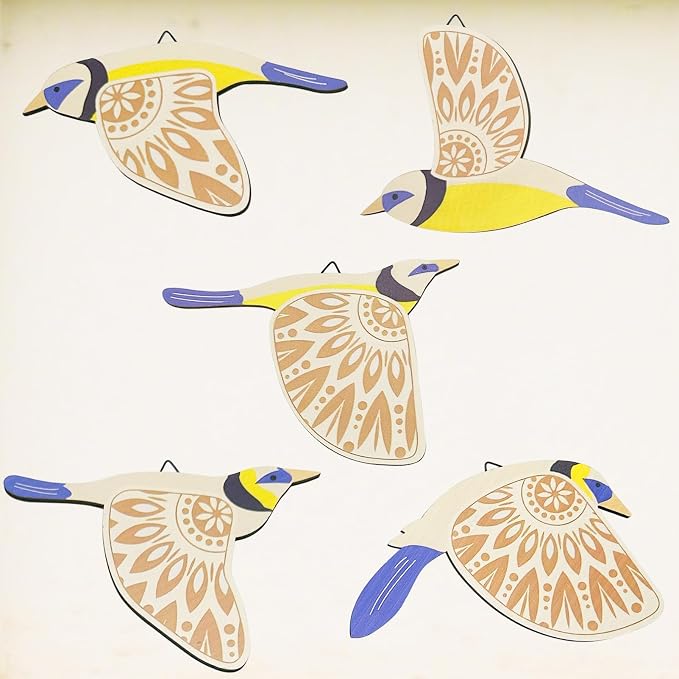 EMINGSKY 5 Pcs Wooden Bird Wall Art Wood Flying Birds Wall Decor Boho Rustic Folk Art Home Decor for Gift Living Room Bedroom Kitchen Office (Blue)