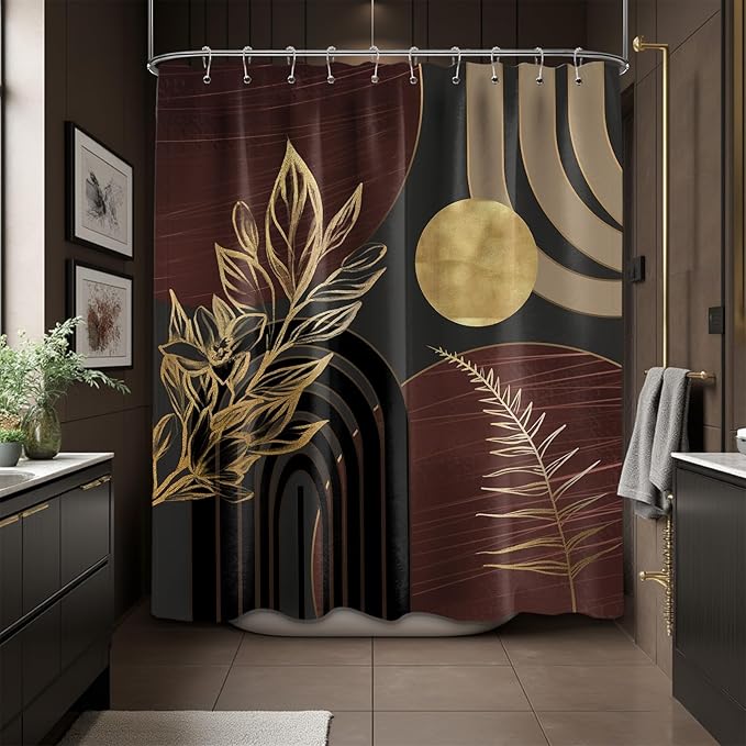 Dark Brown and Black Shower Curtain Boho Mid Century Gold and Brown Shower Curtains for Bathroom Decor, Waterproof Cloth Fabric with Hooks, 60" W x 72" L