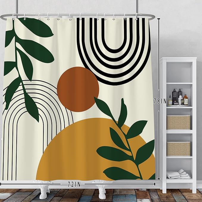 Baocicco Boho Mid Century Shower Curtain Sun Leaves Modern Abstract Geometric Aesthetic Shower Curtains for Bathroom Bathtubs Waterproof Fabric Shower Curtain with Hooks 72x78 Inches