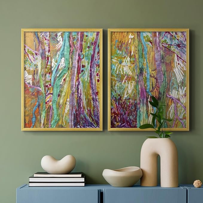 Renditions Gallery Set of 2 Peel & Stick Framed Prints, Modern Abstract Wall Art, Colorful Artistic Painting Wall Decor, Re-Stickable - Ready to Hang - 11"x14" - GOLD Frame LT588