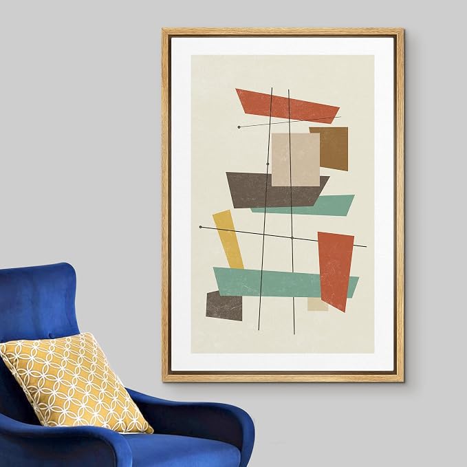 Woodrose Framed Canvas Print Wall Art Geometric Vintage Colorful Block Abstract Shapes Illustrations Modern Minimalist Chic Relax/Calm Multicolor for Living Room, Bedroom, Office - 24"x36" Natural