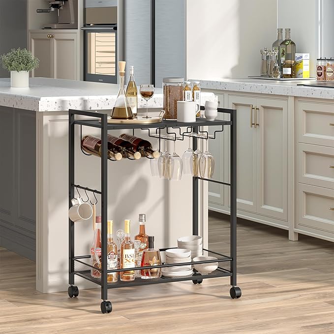 Bar Cart, Home Bar Serving Cart with 2-Tier Shelf,Rolling Beverage Cart with Wheels,Mobile Kitchen Shelf,Modern Black Wine Drink Cart with Wine Rack and Glass Holder for Kitchen,Dinning Room