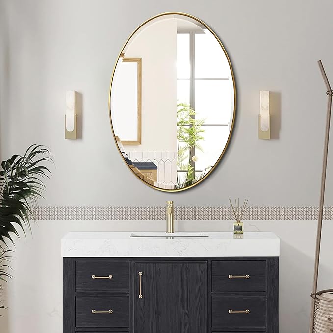 POZINO Vanity Beveled Mirrors, 22"x30" Oval Mirror for Over Sink, Modern Brass Mirror with Stainless Steel Frame, Brush Gold Rounded Mirrors for Bathroom Bedroom Living Room, Horizontal Or Vertical ﻿