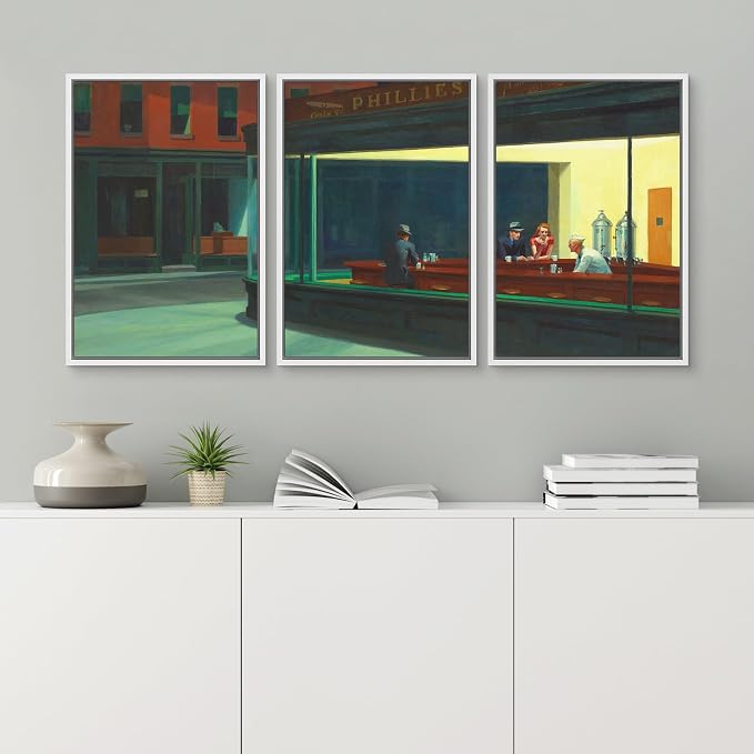 wall26 Framed Canvas Print Wall Art Set Nighthawks by Edward Hopper Cultural Historic Oil Painting Fine Art Reproduction Scenic Colorful for Living Room, Bedroom, Office - 16"x24"x3 White