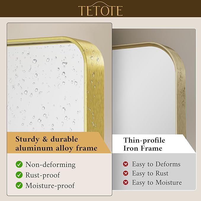 TETOTE 40 x 30 Inch Gold Bathroom Mirror, Brushed Brass Metal Frame Mirror for Vanity, Rectangle Wall Mounted Golden Modern Mirror (Horizontal/Vertical)
