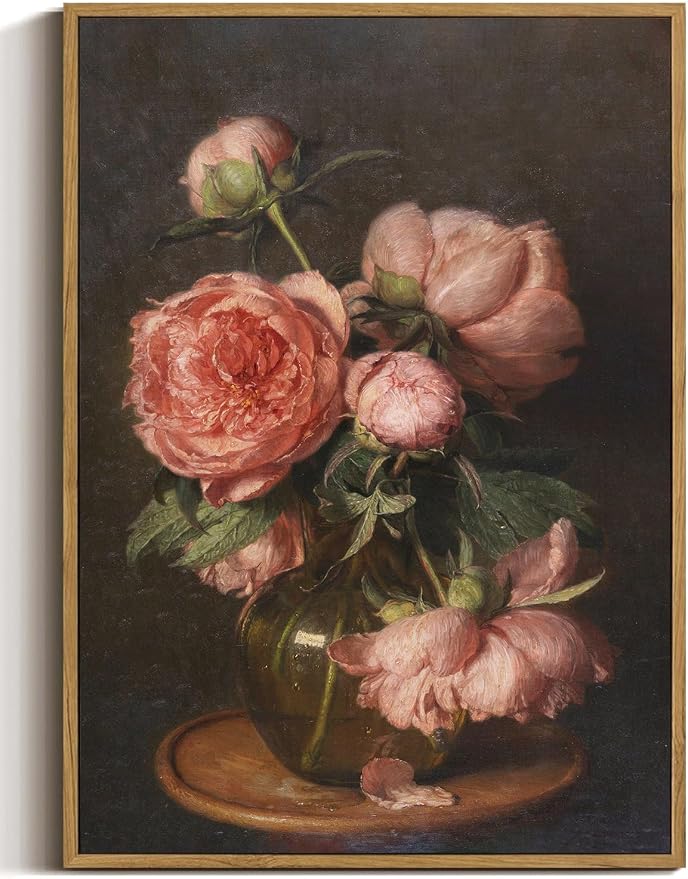 WALLZK Vintage Framed Wall Art Peony Wall Decor Pink Floral Canvas Prints Cottagecore Decor Rustic Farmhouse Pictures Artwork for Walls Living Room Bedroom Bathroom 8"x10"