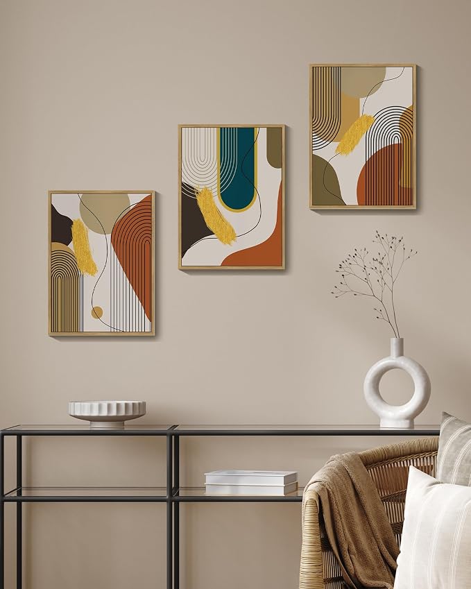 PHOPAGO Boho Abstract Framed Wall Art Modern Minimalist Luxury Gold Line Artwork Kitchen Dining Room Decor 11x14in Natural Framed