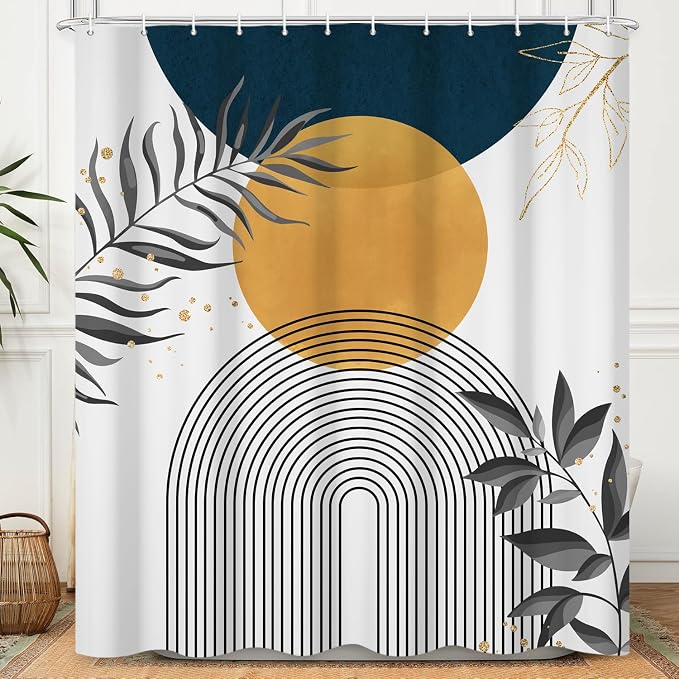 Boho Mid Century Shower Curtain, Orange Blue Modern Minimalist Abstract Geometric Gold Plant Leaves Arch Bathroom Curtains Waterproof Fabric Buthtub Curtain Set with Hooks 36" Wx72 L