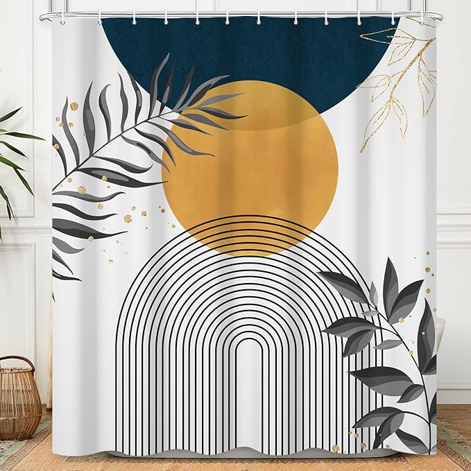 Boho Mid Century Shower Curtain, Orange Blue Modern Minimalist Abstract Geometric Gold Plant Leaves Arch Bathroom Curtains Waterproof Fabric Buthtub Curtain Set with Hooks 72" Wx72 L