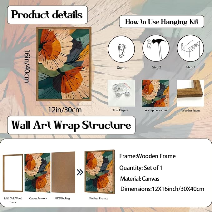 Framed Abstract Floral Wall Art, Boho Vintage Flower Pictures Wall Decor, Mid Century Modern Botanical Paintings Canvas Prints for Living Room Bedroom Office 12x16 inch