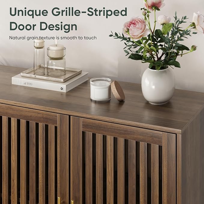 Smart FENDEE 63" Long Sideboard Buffet with 4 Slatted Doors, Farmhouse Buffet Storage Cabinet with Adjustable Shelf, Coffee Bar Cabinet for Entryway, Kitchen, Dining Room, Living Room, Walnut Color