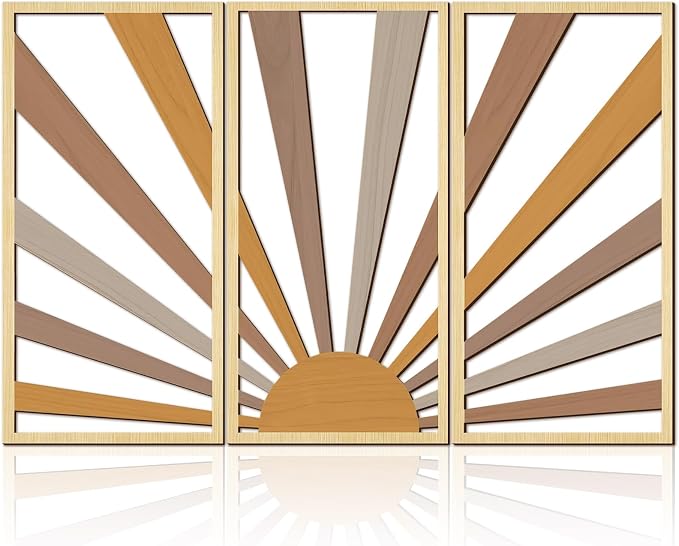 Suzile 3 Pcs Wall Sculptures Wooden Wall Decor Boho Geometric Line Hollow Wall Decor Mid Century Modern Decor Minimalist Geometric Art for Living Room Bathroom Bedroom Office Kitchen (Sunrise)