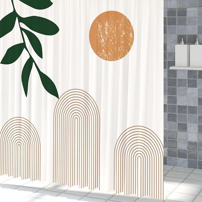 Boho Mid Century Shower Curtain Abstact Arch Sun Leaves Modern Minimalist Geometric Plant Aesthetic Shower Curtains Polyester Fabric Bathroom Decoration Curtain with Hooks 72x78 inch