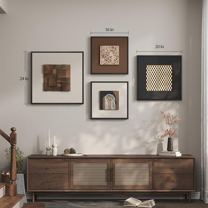 Large Framed Wood Wall Art for Living Room, 4 Piece 3D Abstract Modern Neutral Textured Wall Decor, Minimalist Black Brown Beige Geometric Wooden Artwork for Dining Room, Hallway, Office