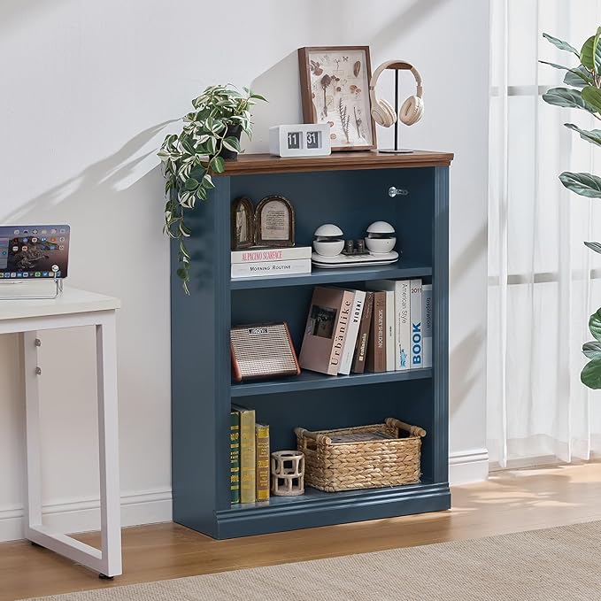 43" Blue Tall Bookshelf,3-Tier Thick Wooden Book Shelf with Adjustable Shelves,Free Standing Farmhouse Bookcase with Open Display Storage,Floor Vintage Bookshelves for Living Room,Office