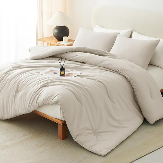 CozyLux Oversized King Comforter Set Beige, 3 Pieces 120"x98" Lightweight Down Alternative Quilted Bedding Sets, All Season Soft Breathable Solid Comforter with 2 Pillowcases, Bed Set Gift for Home
