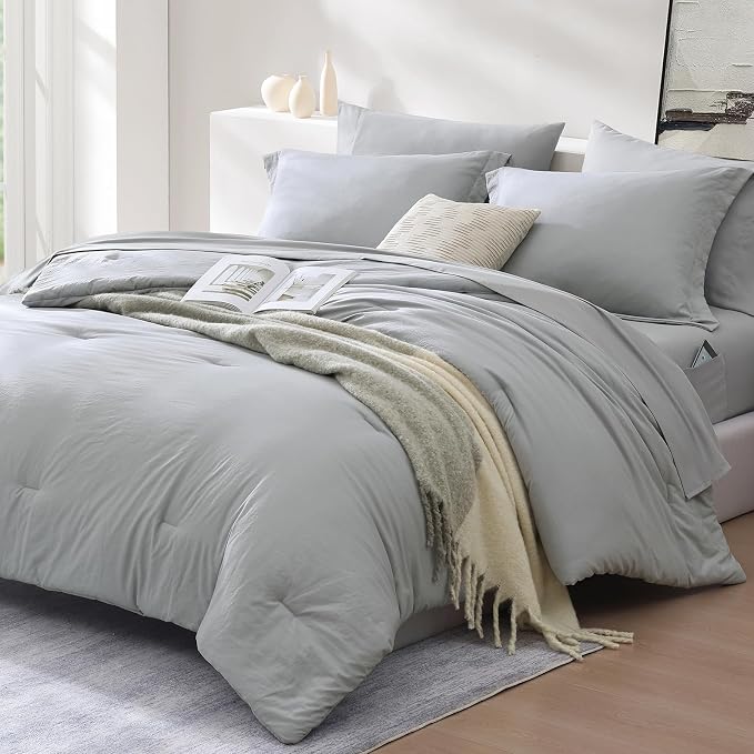 WRENSONGE Full Size Comforter Sets- 7 Pieces Soft Light Grey Bed in a Bag with Fitted Sheet, Flat Sheet, 2 Pillow Shams, 2 Pillowcases, Warm Bedding Sets for All Season
