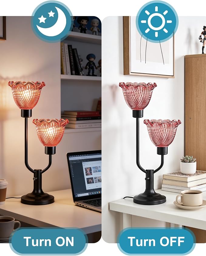Lightdot Mid Century Modern Red Table Lamp Dimmable Flower Glass Desk Lamp Vintage Black Nightstand Lamp 2 Bulbs Included Warmwhite Ambient Bedside Lamps for Living Room Bedroom Home Office Decor Gift