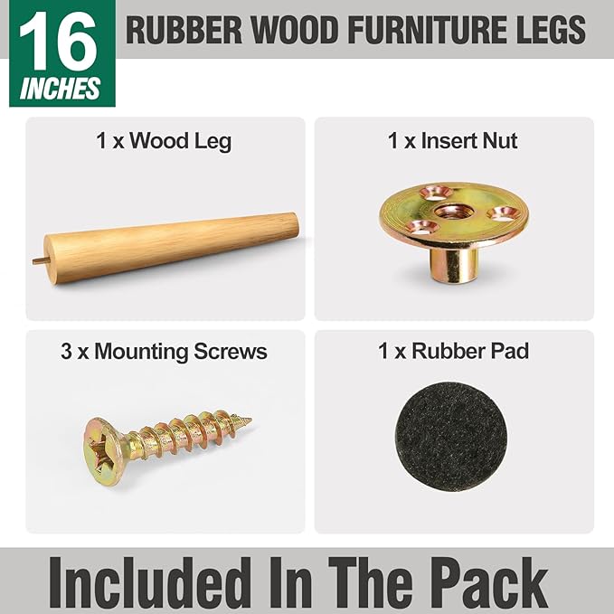 FoDau770 Rubber Wood Furniture Legs 16 Inches, 5/16" UNC Straight Tapered Wood Feet Mid Century Sofa Legs, Wooden Furniture Feet Replacement Parts for Cabinet Couch Dresser Chair Ottoman Table
