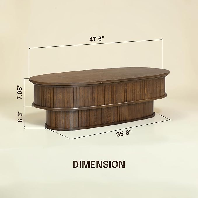 NTC Stream DOU Coffee Table, Modern Oval Wood Table with Removable Top Hidden Storage, Double-Layer Design with Vertical Groove Detail, Contemporary Center Table for Living Room, Dark Walnut