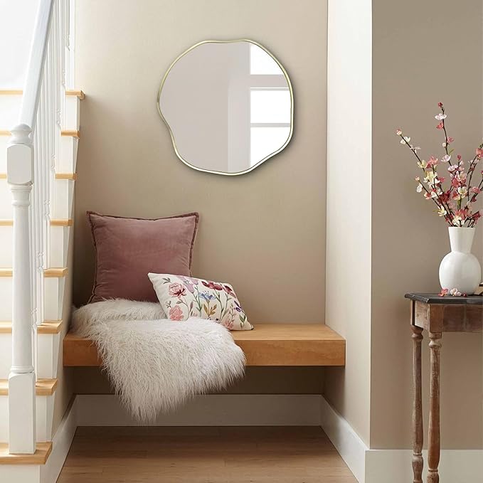 POZINO Irregular Shaped Mirror, 16" Asymmetrical Mirror, Gold Scalloped Rounded Mirrors, Modern Frameless Abstract Mirrors for Living Room Bedroom Bathroom Entryway Fireplace Hallway