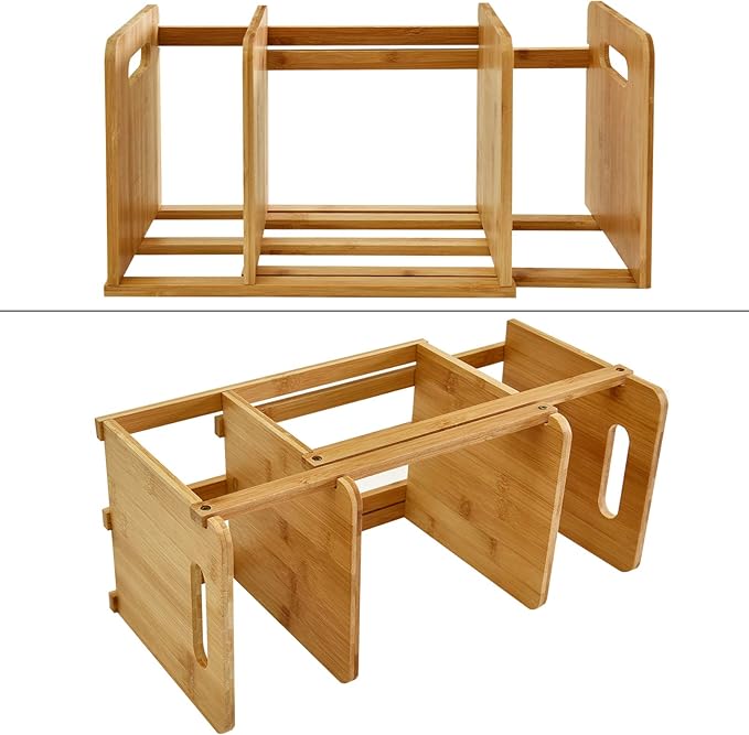 WELLAND Bamboo Desktop Bookshelf Small Book Rack Adjustable Desk Storage Organizer