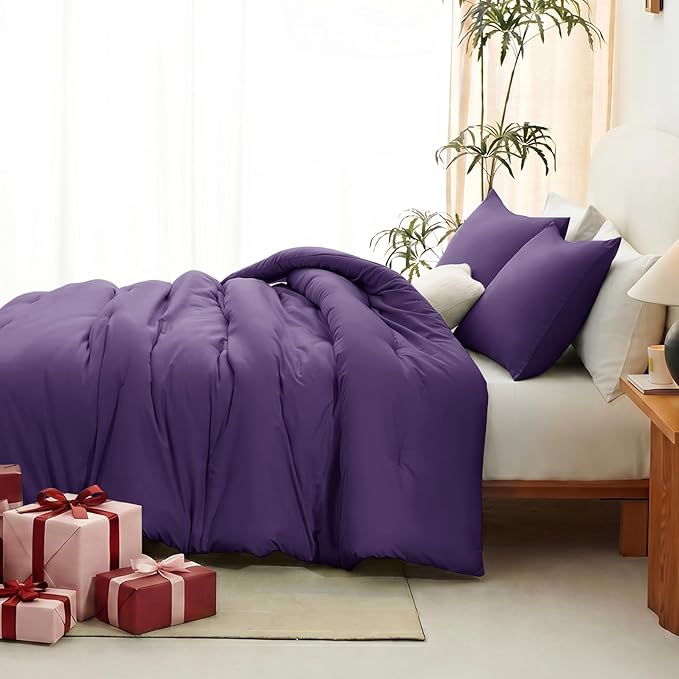 CozyLux King Size Comforter Set Purple, 3 Pieces Lightweight Down Alternative Quilted Bedding Sets, All Season Soft Breathable Solid Comforter with 2 Pillowcases, Luxury Bed Set Gift for Home