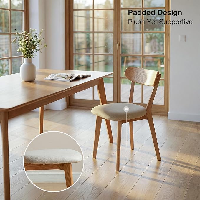 100% Solid Wood Dining Room Chairs - Practical Kitchen Chairs - Wood Chair for Dining Room, Kitchen (2, Natural with White Cushion)
