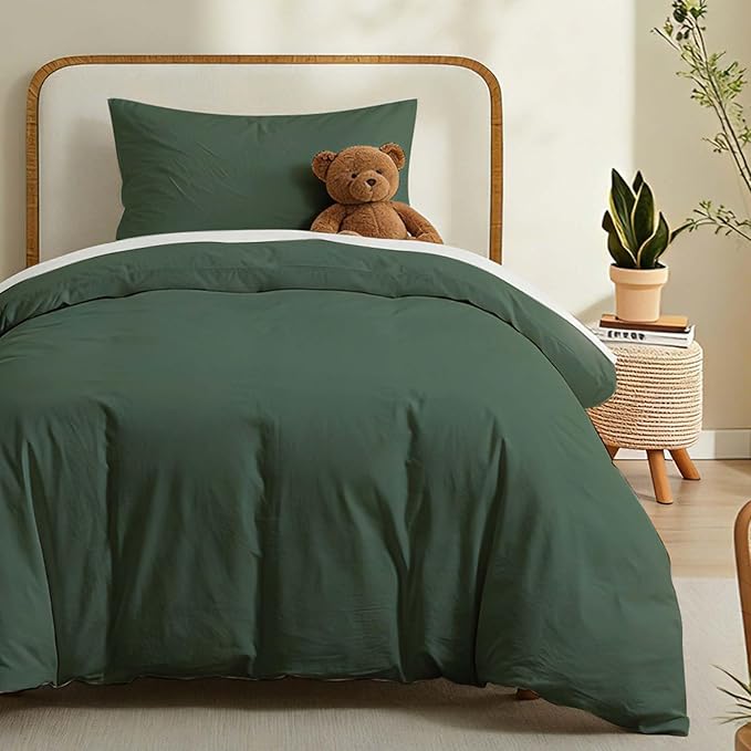 LOVQUE Green Duvet Cover Twin Size, 100% Washed Cotton Linen Like Bedding Set with Zipper Closure (No Comforter), 68x90 Inches, Forest Green
