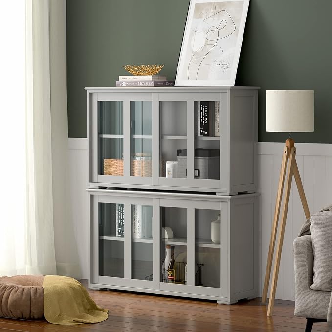 Sideboards Buffet Cabinet, Sliding Tempered Glass Door Coffee Bar, Console Table with Adjustable Shelf, Credenzas for Living Room, Stackable Kitchen Cupboard for Dining Room (Grey)
