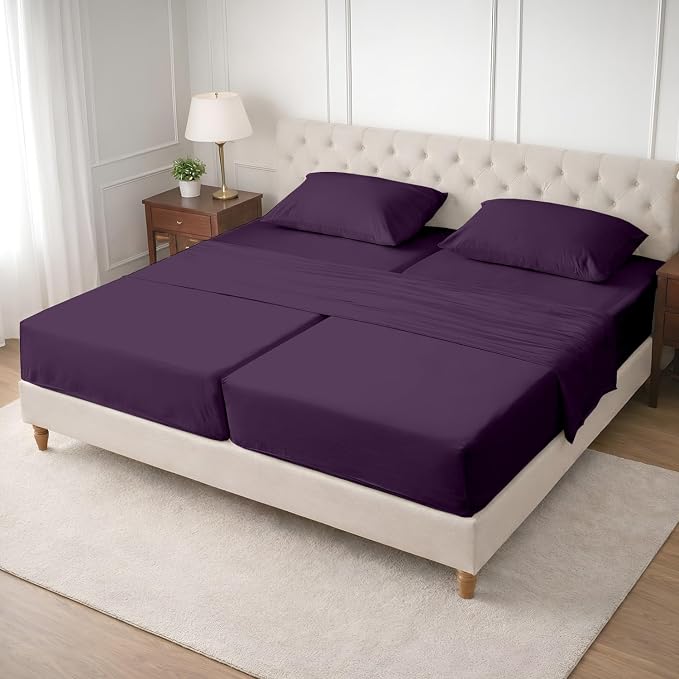 SGI Split King Sheet Set for Adjustable Bed Egyptian Premium Cotton 600 Thread Count Sheets for Sleep Number Bed 15" Deep Pocket 5 Pc Set with 2 Twin XL Fitted Sheets Soft Breathable -Plum