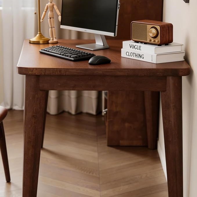 Solid Rubberwood Writing Desk Modern Wooden Computer Table for Bedroom Home Office Study Apartment Small Space Workstation with Tapered Legs,Spacious Tabletop (Walnut,62.99"L x 19.69"W x 29.53"H)