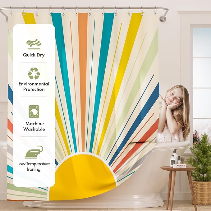 AmazerBath Shower Curtain, Washable Cloth Shower Curtain Sets with 12 Shower Curtain Hooks, Luxury Colorful Sunshine Yellow Waterproof Rustic Fabric Shower Curtains for Bathroom Decor, 72x72 Inches