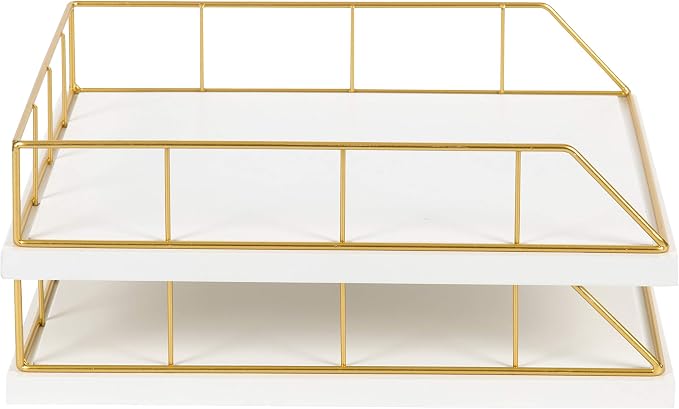 Kate and Laurel Benbrook Stacked Metal and Wood Letter Trays, White and Gold