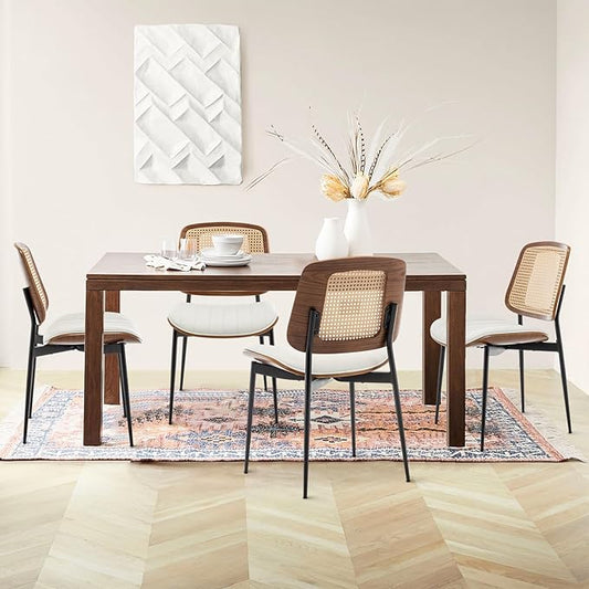 Rattan Dining Chairs Set of 4,Mid Century White PU Leather Kitchen Chairs,Upholstered Seat Metal Legs Chairs with Adjustable Foot Pads,Walnut Armless Side Chairs