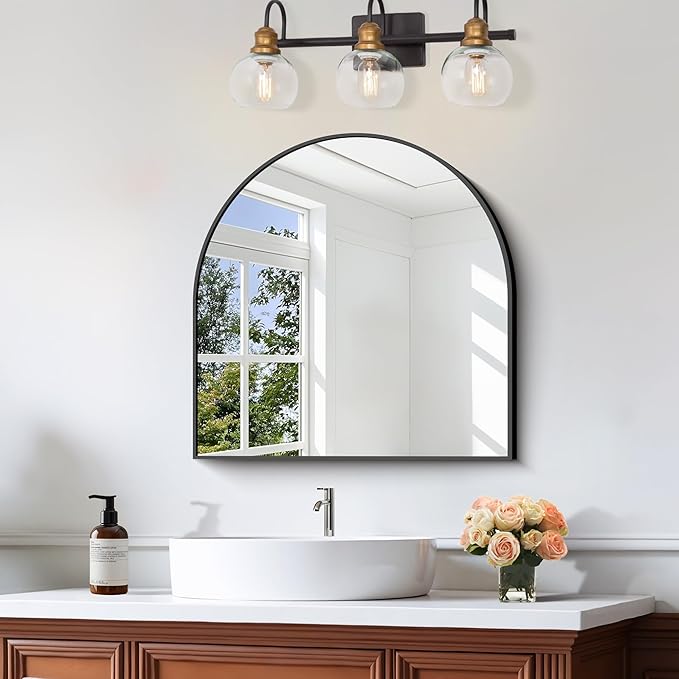 CIRCUMI Arched Wall Mirror, 24"x24" Black Arched Mirror with Tempered Glass, Metal Frame, Large Size for Entryway Table, Mantel,Living Room,Over Sink,Arch Mirror for Decor,Shatterproof&Crystal-Clear