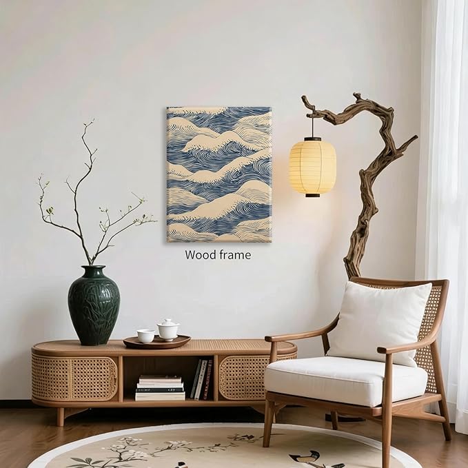 Japanese Blue Wave Canvas Poster Modern Abstract Geometric Wall Art 16X24 inch Framed Vintage Mid-Century Wabi Sabi Prints for Minimalist Living Room Dorm Wall Decor