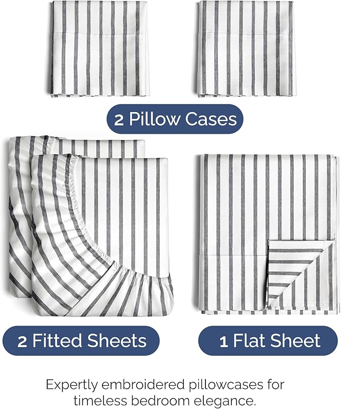 Split King Size 5 Piece Sheet Set - Comfy Breathable & Cooling Sheets - Hotel Luxury Bed Sheets for Women & Men - Deep Pockets, Easy-Fit, Soft & Wrinkle Free Sheets - Grey Stripes Oeko-Tex Bed Sheets