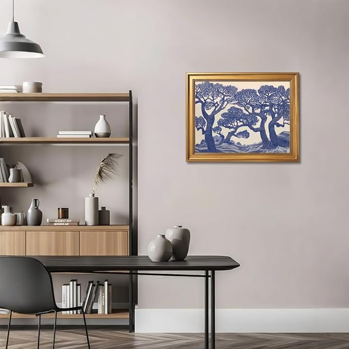 Vintage Oak Tree Prints Linocut Forest Canvas Wall Art Blue Woodland Landscape Painting Posters Botanical Wall Decor Moody Tree Poster Large Nature Art Print for Living Room 24x36inch Golden frame
