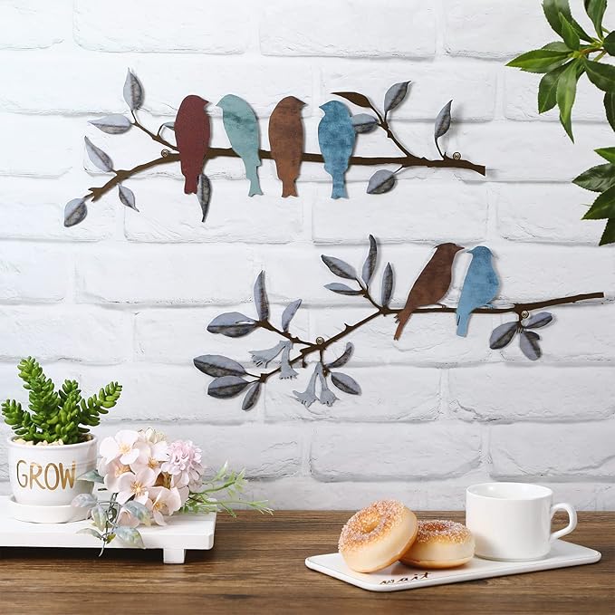 Demissle 2 Pcs Metal Birds Wall Art Decor Vivid Birds on Branch with Leaves Rustic Wall Decor Waterproof Metal Sculpture Hanging Sign for Home Balcony Garden Indoor Outdoor(Colorful)