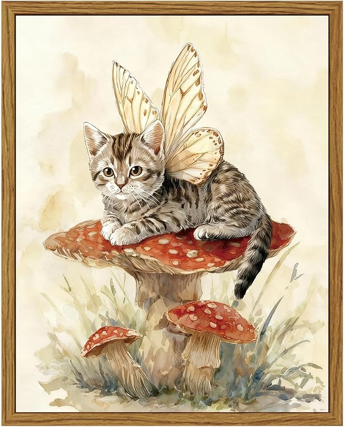 InSimSea Vintage Framed Wall Art Fairy Cat Canvas Prints, Nature Home Decor, Fantasy Themed Decor Painting Picture, Living Room,Bedroom Wall Decor Gifts for Friends or Family - 10L x 8W