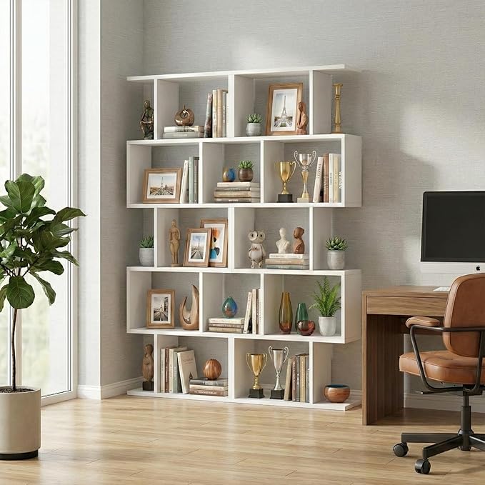 5-Tier Geometric Bookcase (Set of 2), 62.6" Tall S-Shaped Bookshelf & Room Divider, Modern White Freestanding Display Shelving Unit for Living Room, Hallway, Home Office