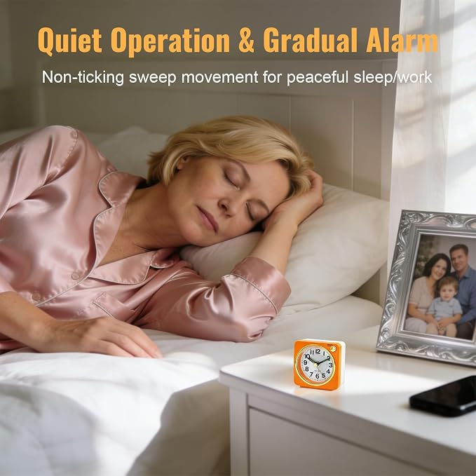 Lamisola Ultra Small Battery Analog Travel Alarm Clock, Retro Bedside Desk Clocks for Bedrooms, Vintage Home Decor for Bathroom Kichen Office Room,Orange