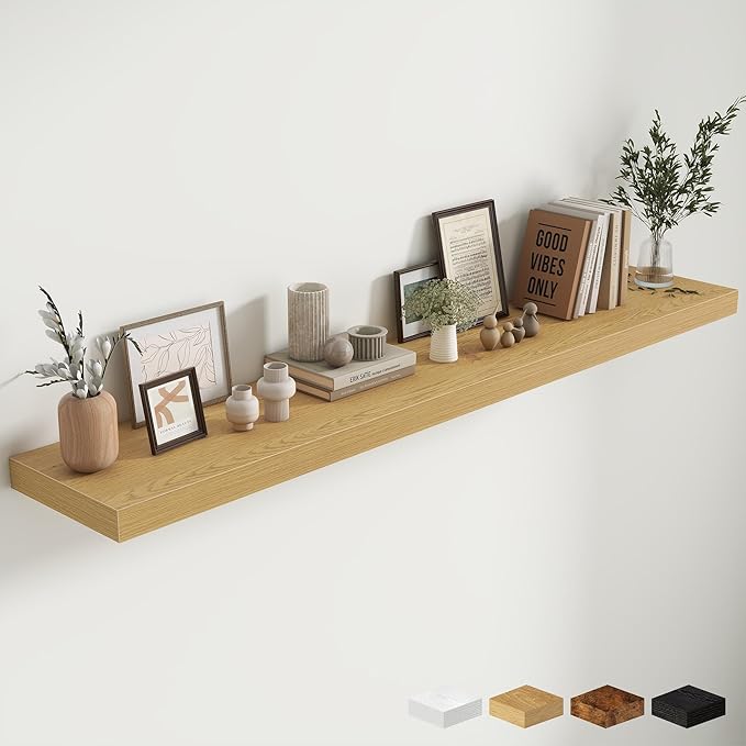 Fun Memories 72 Inch Fireplace Mantel Shelf, 12 Inch Deep Shelves for Display & Wall Storage, Rustic Wood Wall Shelf, Extra Long Floating Shelves for Living Room Laundry Room, Oak, Set of 1