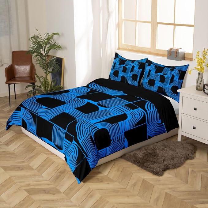 Erosebridal Black and Blue Duvet Cover Queen Size for Boys Bohemian Geometric Bedding Set Mid Century Abstract Comforter Cover for Kids Teens Youth Women Boho Stripes Minimalist Bed Sets, Breathable