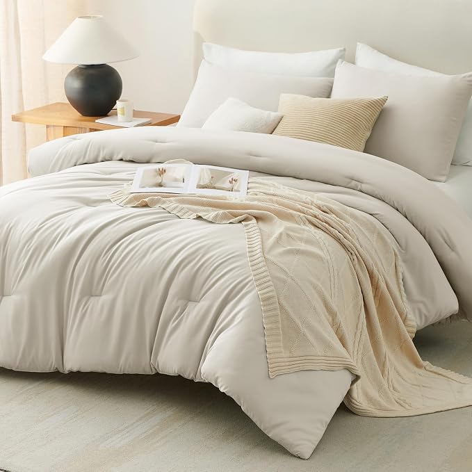 CozyLux Oversized Queen Comforter Set Beige, 3 Pieces 98"x98" Lightweight Down Alternative Quilted Bedding Sets, All Season Soft Breathable Solid Comforter with 2 Pillowcases, Bed Set Gift for Home